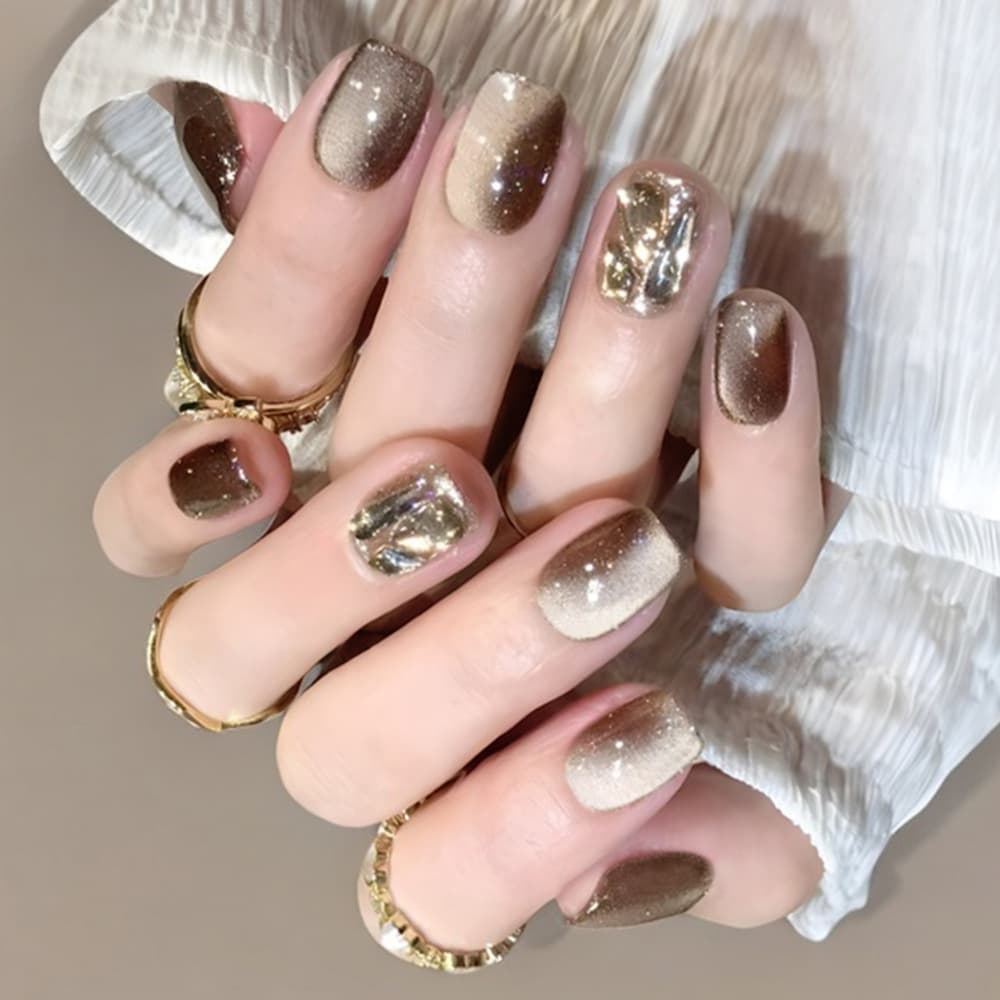 Y2K Make Yourself Glamorous 30 Pieces Of Cropped Square Fake Nails Coffee Cat's Eye Rhinestone Design Nail Art Set Long Press On Nails Suitable For Parties Dances,or Everyday Wear