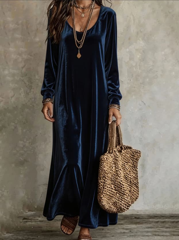 Women's Fall Winter Elegant Velvet Long Dress, Long Sleeve Maxi Dres