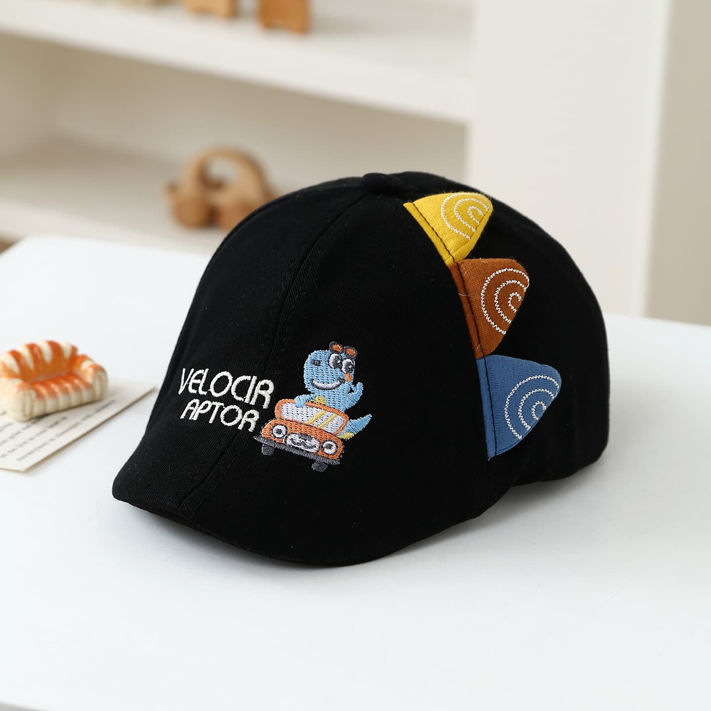Multi-letter Cartoon Small Dinosaur Embroidered Hat With Adjustable Ears, Simple And Cute Children's Beret Suitable For Outdoor Outings And Shopping.