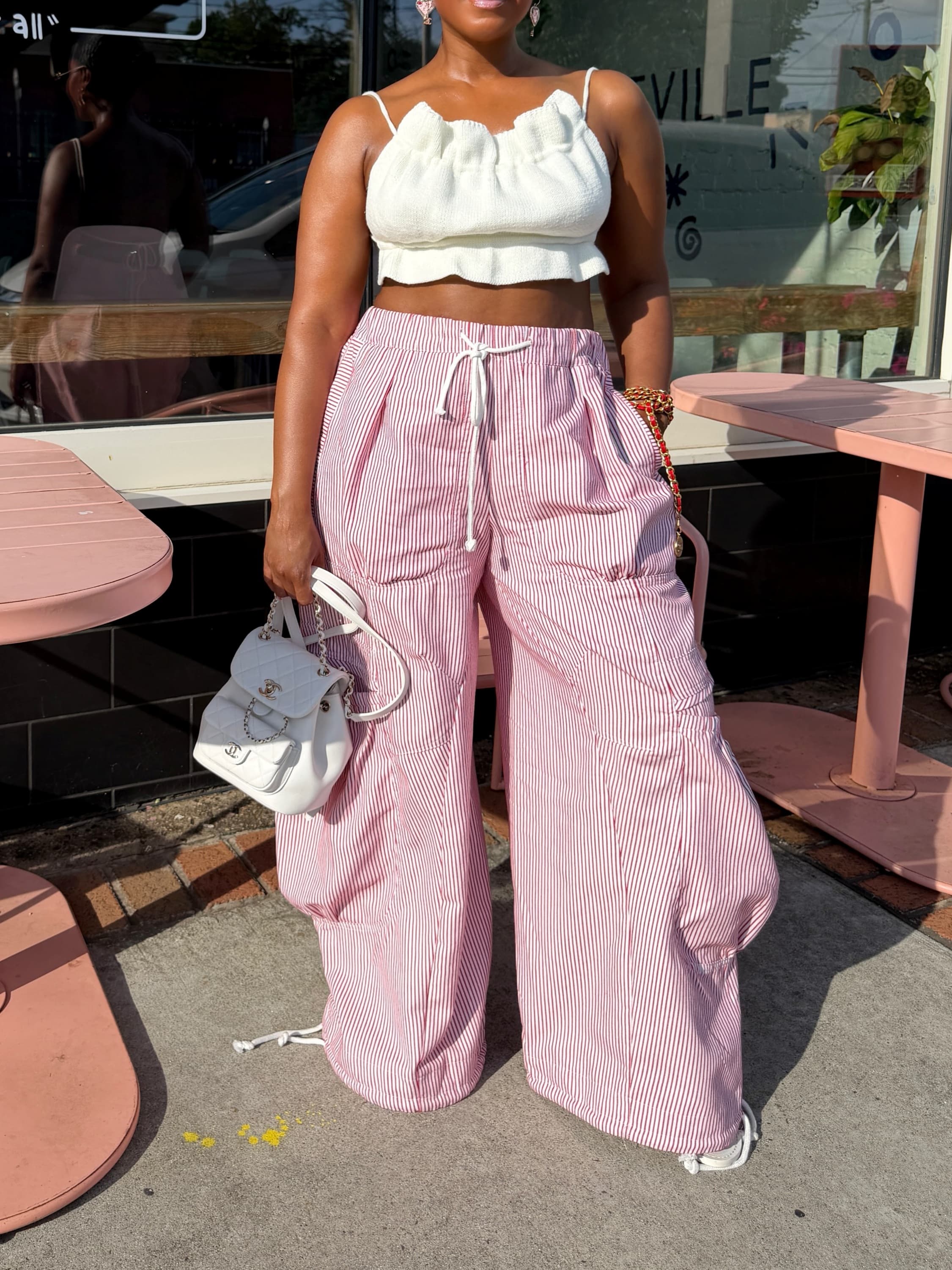 Vertical Stripe Drawstring Ruched Baggy Wide Leg Casual Cargo Pants