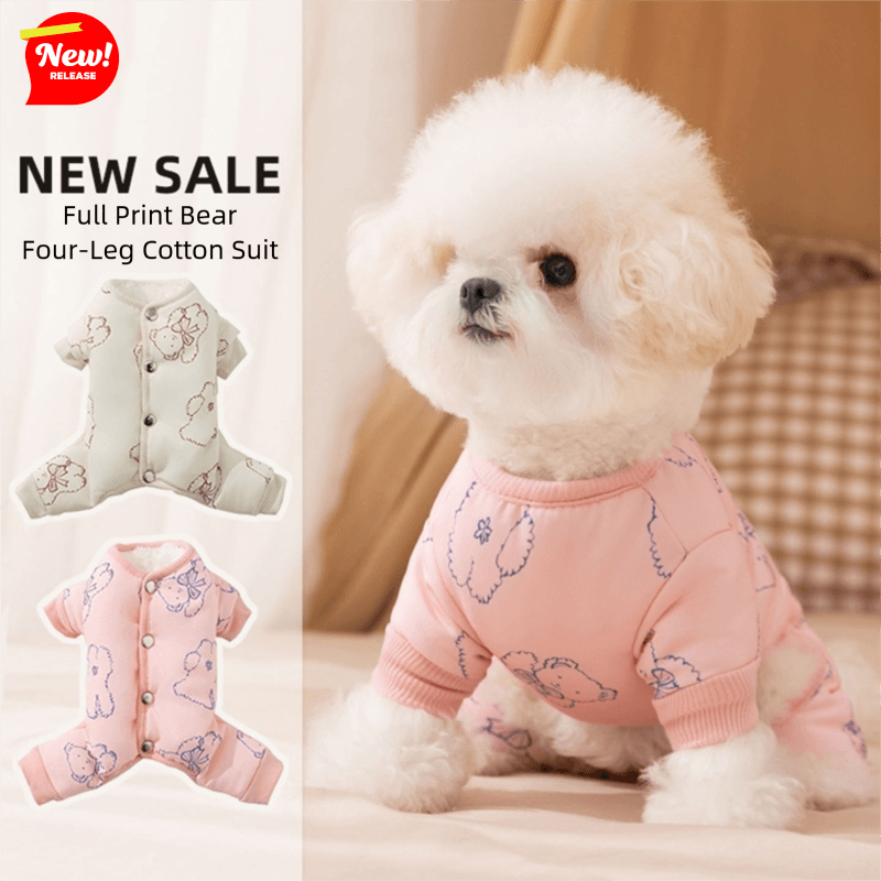 Dog Cotton Coat, Warm And Cute For Autumn And Winter, Fully Printed Bear Four-legged Coat, Small And Medium-sized Bichon Frise Pet Dog Clothes