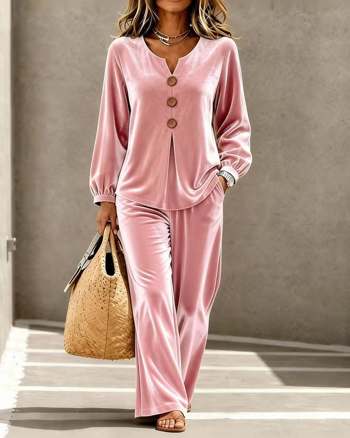 Women's New Fall Winter Velvet Casual 2-Piece Outfit, V-Neck Long Sleeve Button Top & Long Pants