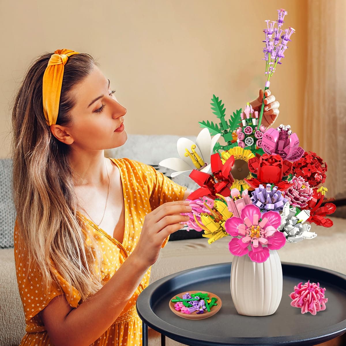 Flower Bouquet Building Set, Valentines Day Botanical Building Block Toy 1464 PCS, 18 Flowers Rose Sunflower Home Plant Decor, Birthday Gifts For Adults Women Boys Girls