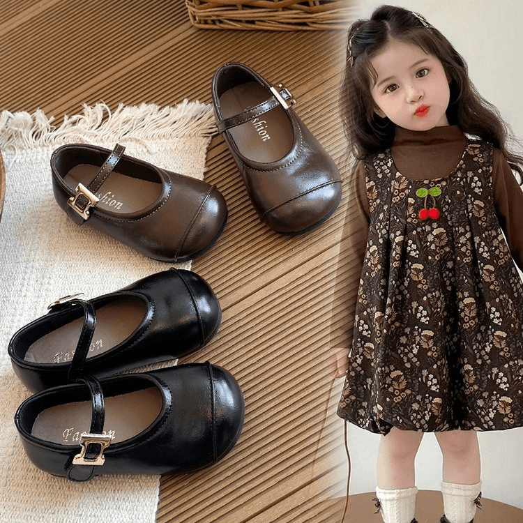 2026 Spring New Arrival Girls' Leather Shoes, Black Korean Style Soft Sole Toddler Flat Shoes, Retro Princess Casual Shoes For Little Girls