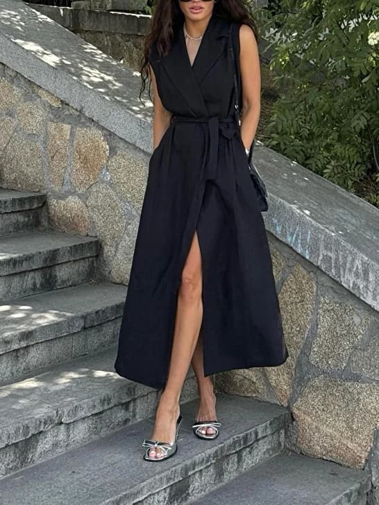 Sleeveless Lapel Wrap Belted Midi Blazer Dress