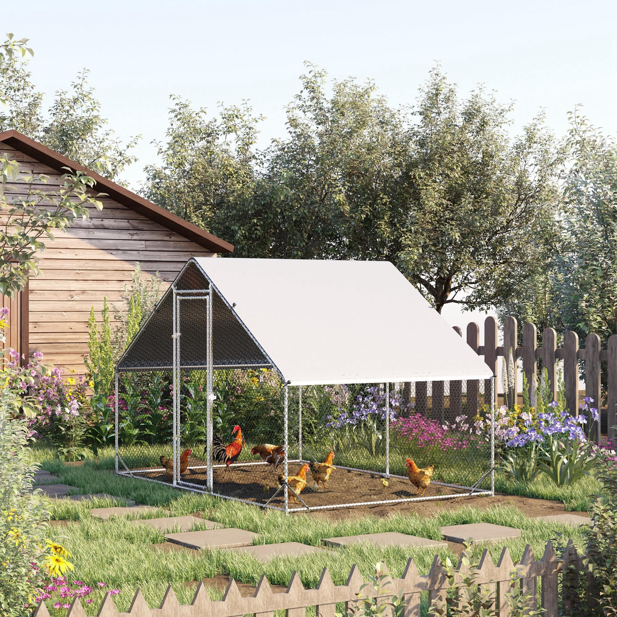 Large Chicken Coop Metal Chicken Run with Waterproof and Anti-UV Cover, Spire Shaped Walk in Fence Cage Hen House for Outdoor and Yard Farm Use, 1" Tube Diameter, 9.8 x 6.6 x 6.6