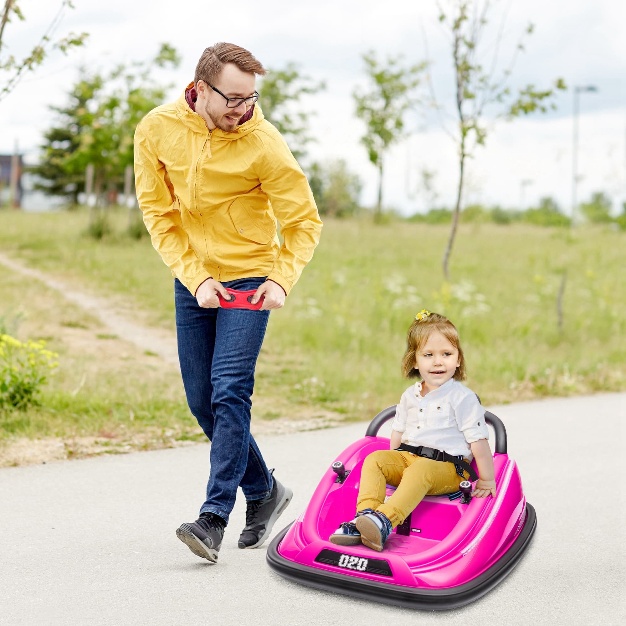 12V Kids Bumper Car Twins Motor with Parent Remote Control, Safety Belt, Lights, 360° Rotation, Pink