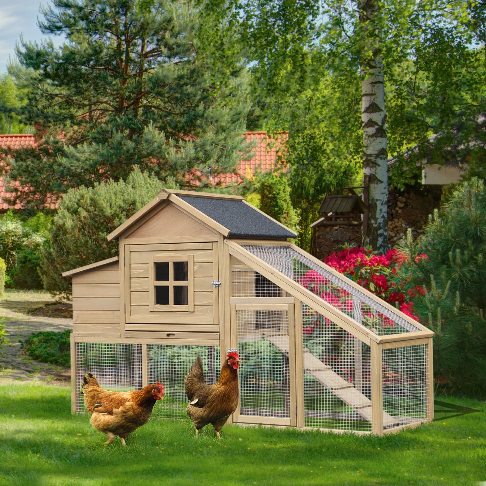 69" Wooden Chicken Coop, Poultry Cage Hen House with Connecting Ramp, Tray, Ventilated Window and Nesting Box