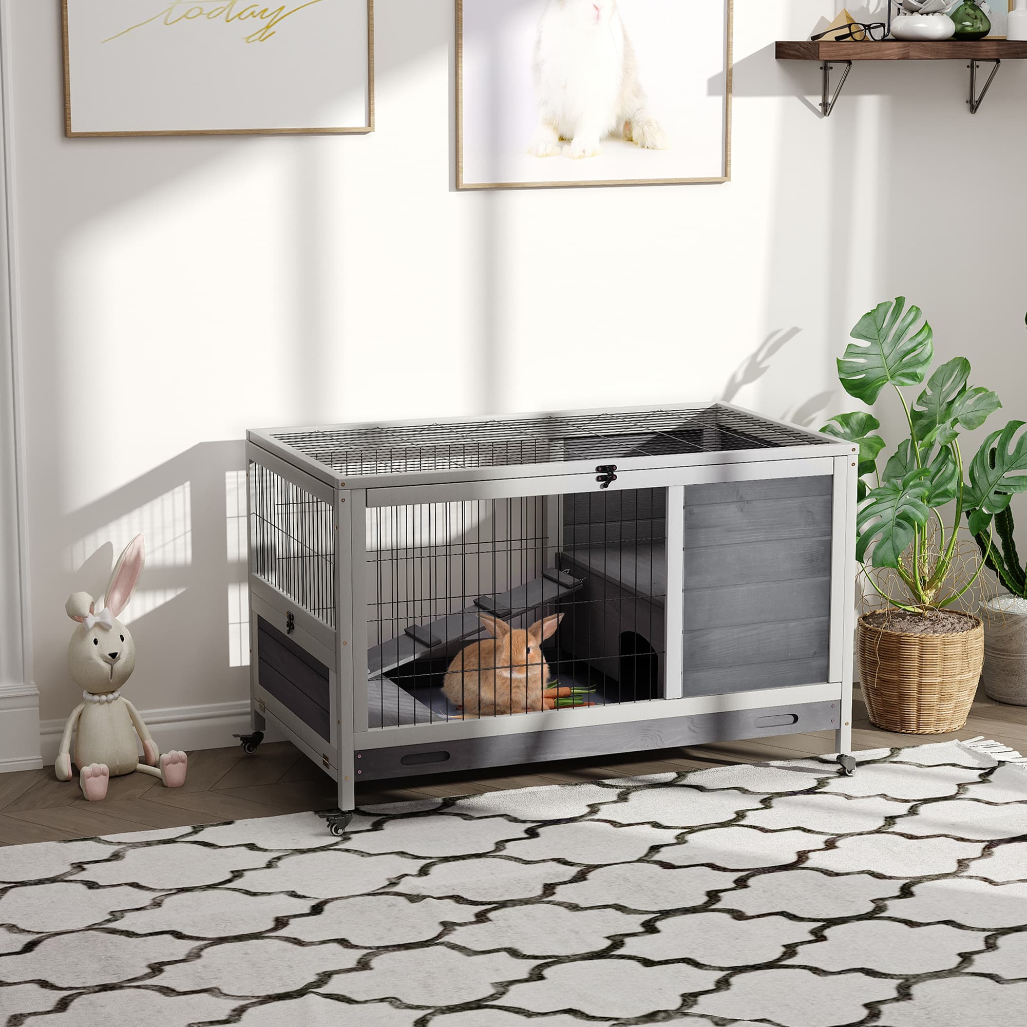 Indoor Rabbit Enclosure, Wooden Elevated Cage Habitat with Enclosed Run with Wheels - Ideal for Rabbits and Guinea Pigs
