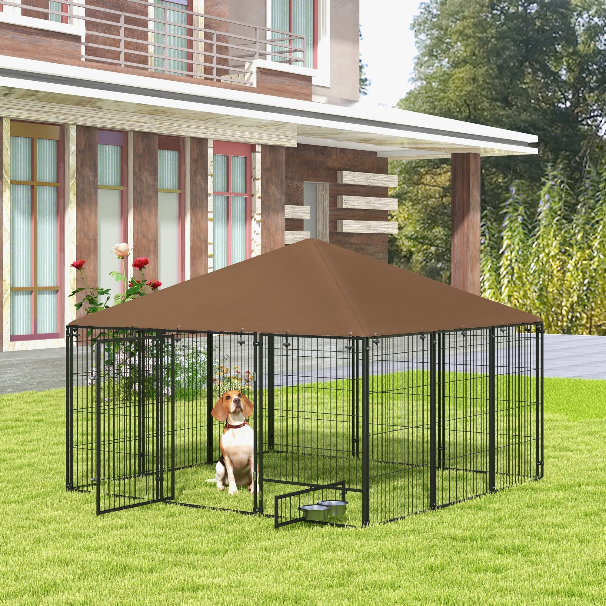 6.9 x 6.9 x 5 Outdoor Dog Kennel with Canopy Garden Playpen Fence Crate Enclosure Cage Rotating Bowl, Coffee