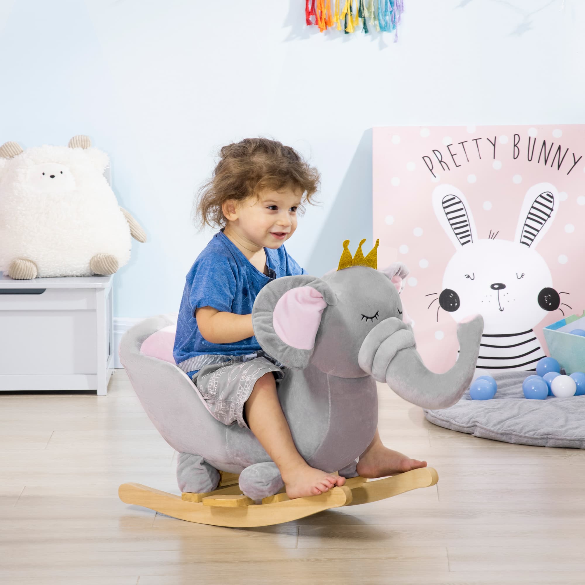 Baby Rocking Horse Elephant Rocking Chair Toddler Rocker Toy with Sound Wooden Base Seat for 1.5-3 Year Old, Gray