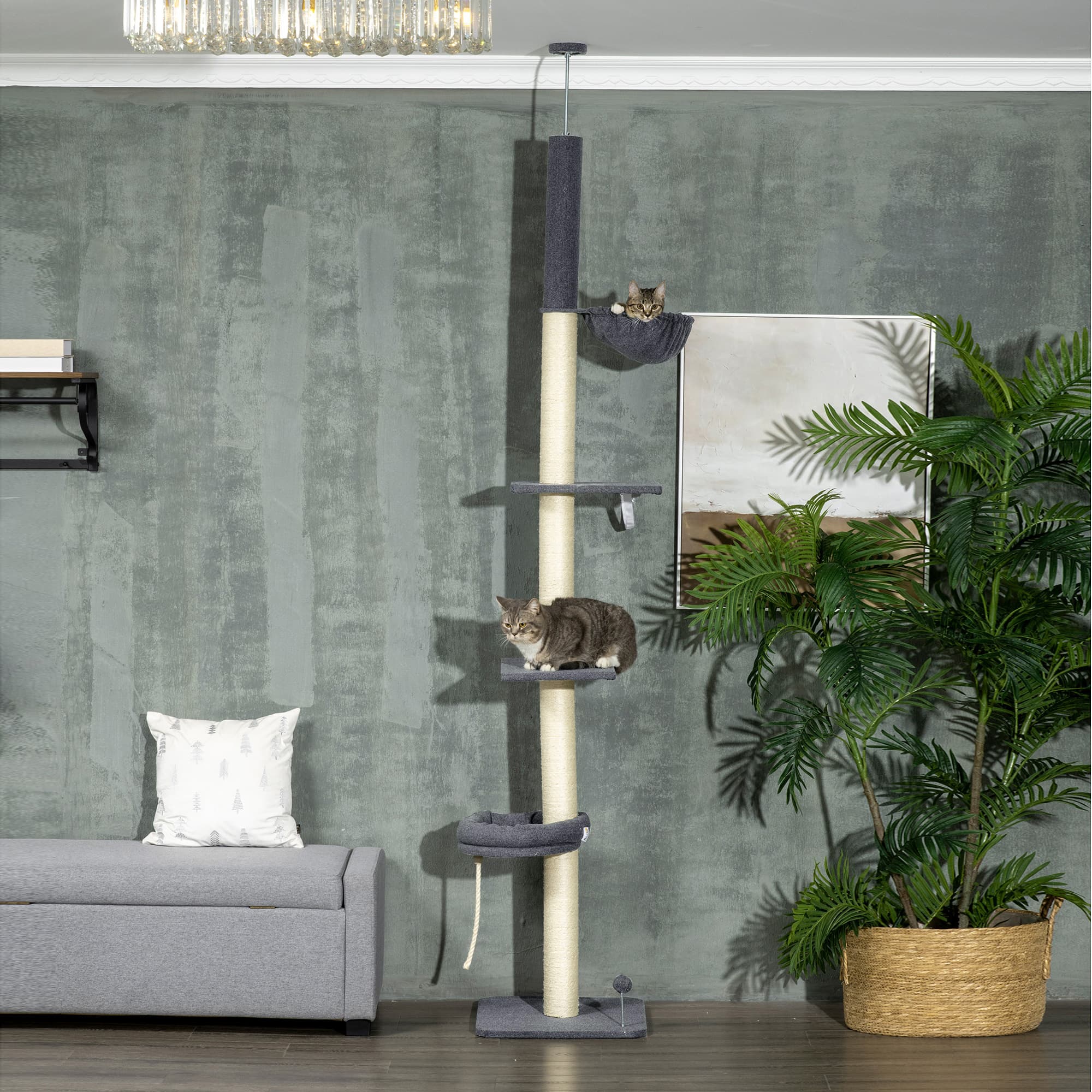 Floor To Ceiling Cat Tree, 5-Tier Cat Climbing Tower, 95-106 Height Adjustable with Carpeted Platforms, Cozy Bed, Hammock, Scratching Post & Toy Ball for Indoor Cats, Dark Gray and Cream