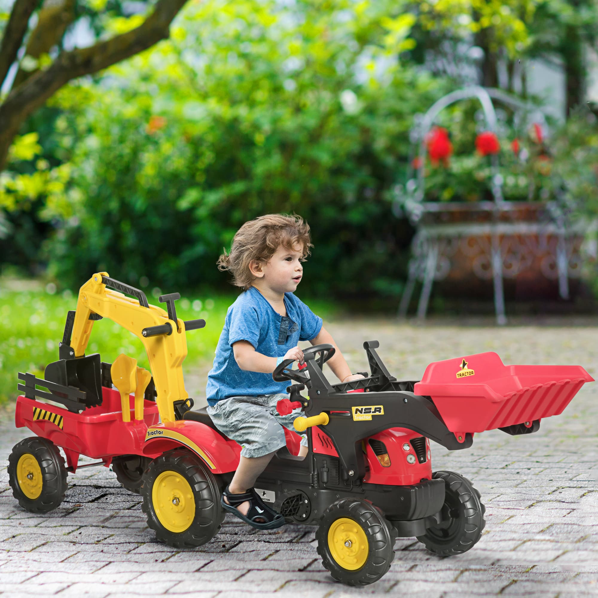 3 in1 Kids Ride On Bulldozer Excavator Toy with 6 Wheels Controllable Cargo Trailer Easy Pedal Controls for 3-6 Years