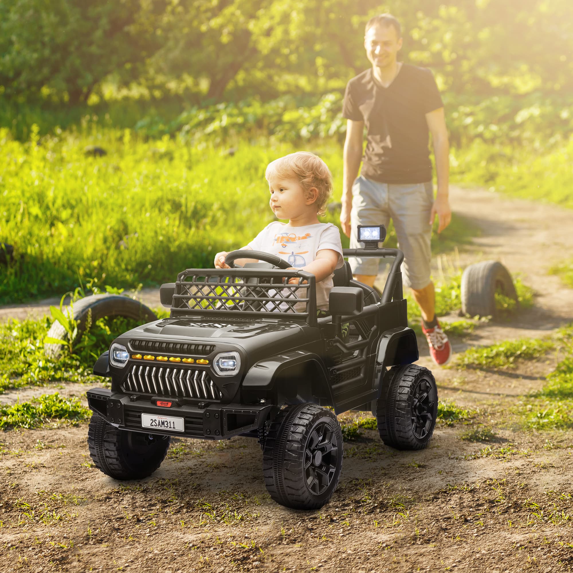 12V Battery Powered Ride On Truck, Kids Electric Car with Spring Suspension, Remote, Horn, USB Music, Black