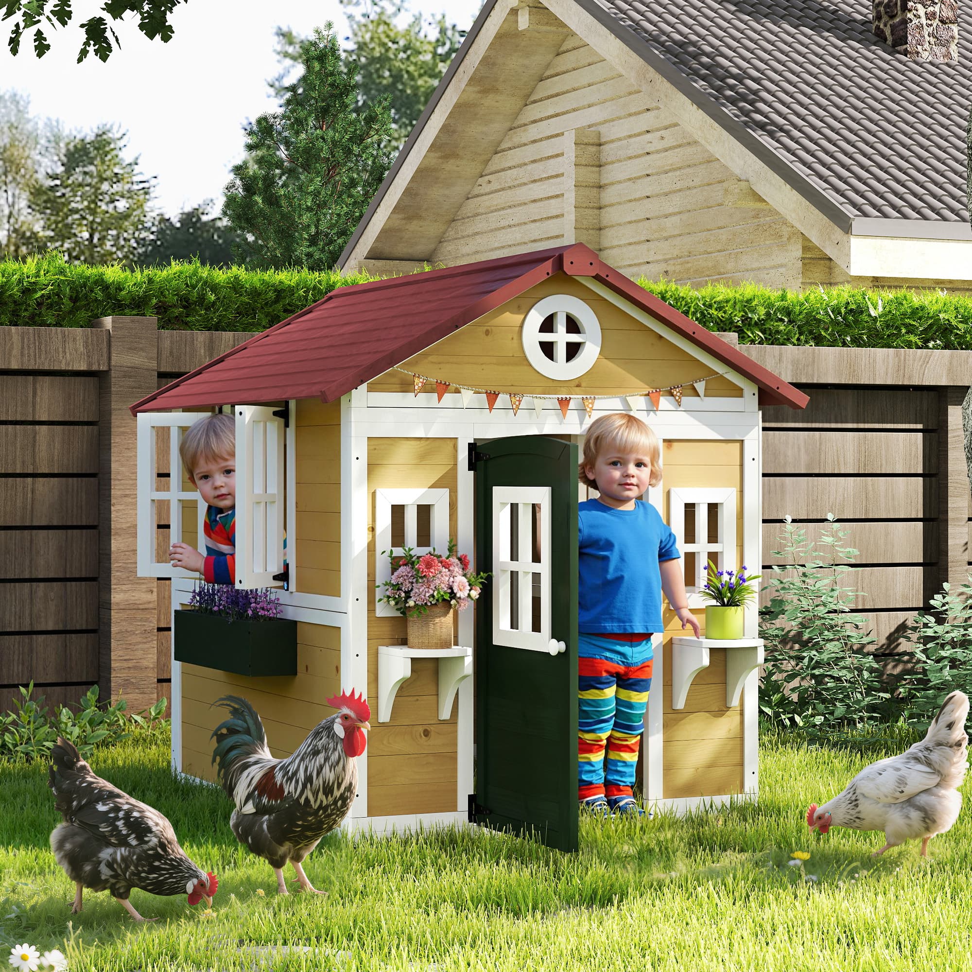 Wooden Playhouse for Kids Outdoor with Doors, Windows, Planter Pots and Boxes for Toddlers 3-8 Years, Beige