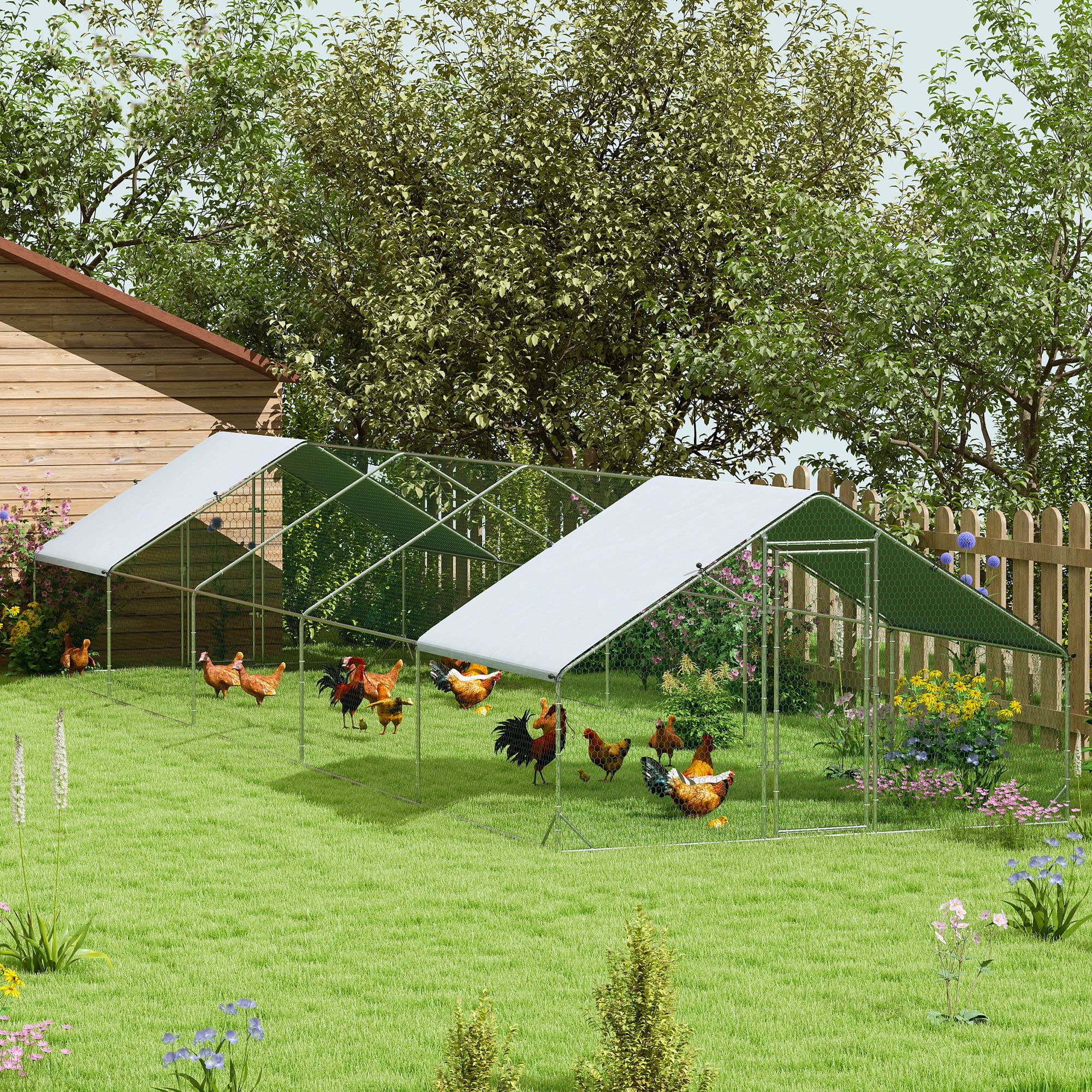 Large Chicken Coop with Waterproof and Anti-UV Cover, Spire Shaped for Outdoor and Yard Farm Use, 9.8' x 32.8' x 6.4'