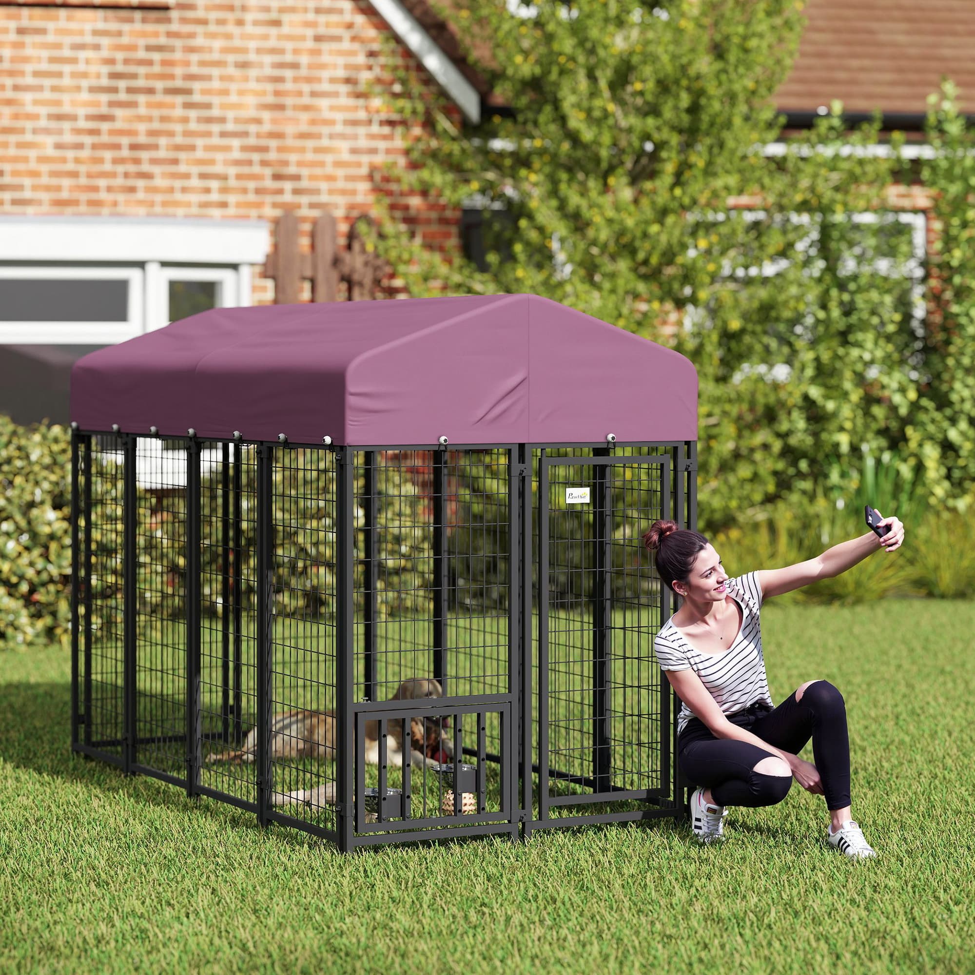 Welded Wire Outdoor Dog Kennel with 360° Rotating & 4 Levels Adjustable Bowls, Waterproof Cover, 7.9 x 4 x 6