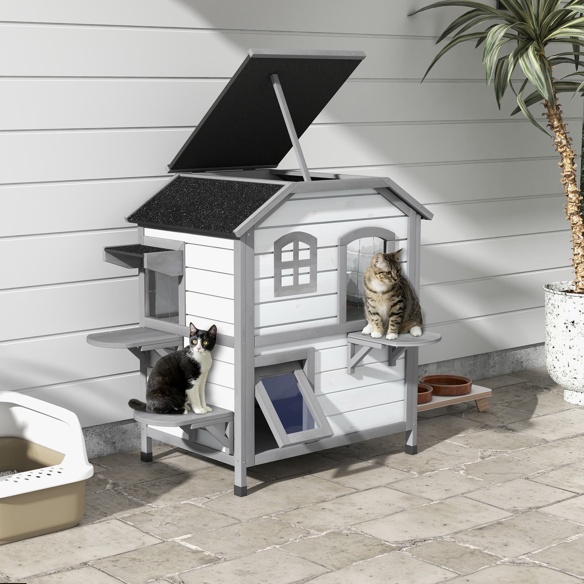 Wooden 2-Story Outdoor Cat House, Feral Cat Shelter Kitten Condo with Openable Asphalt Roof and 4 Platforms, White