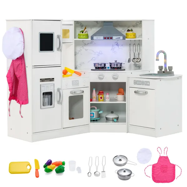 Interactive Kids Play Kitchen With Ice Maker & Chalkboard, Corner Design Pretend Cooking Set With Realistic Sound Effects-White