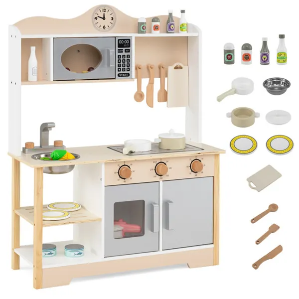 Gray Wooden Kids Play Kitchen With 13 Accessories, Pretend Cooking Set For Toddlers 3+