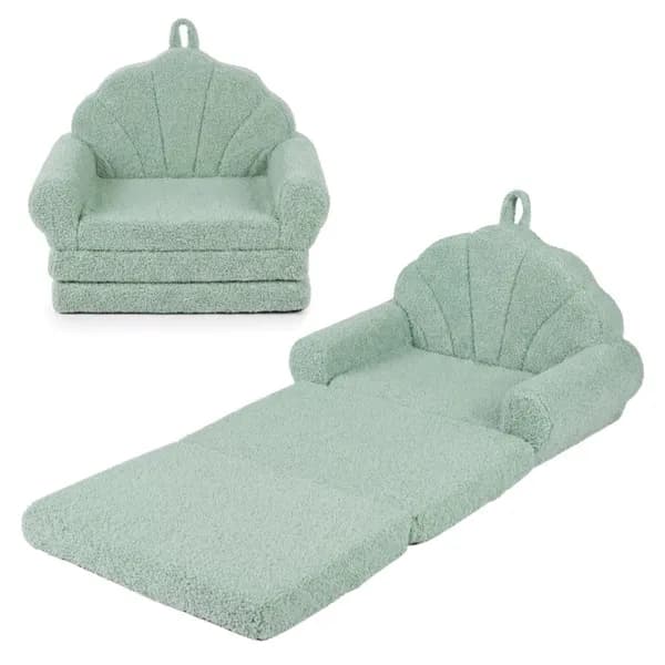 2-in-1 Flip Open Kids Sofa Lounger, Teddy Fleece Toddler Couch With Carry Handle For Ages 3+ (Green)