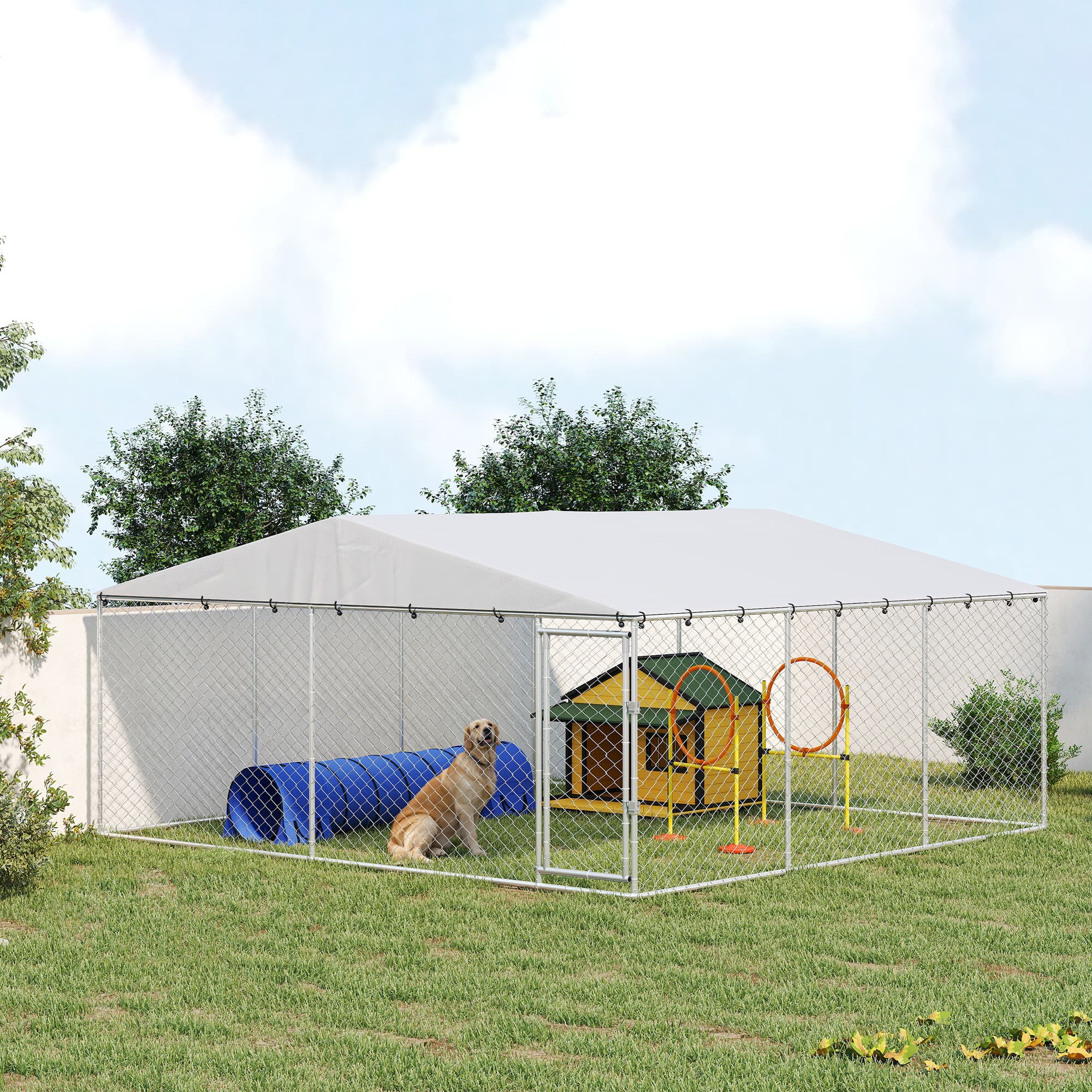 15 x 15 x 7 Dog Kennel Outdoor for Small Medium Large Dogs with Waterproof Roof, Silver