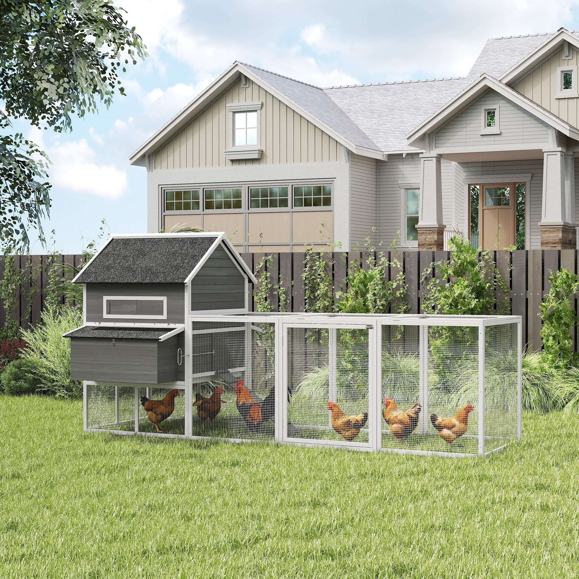 137" Wooden Chicken Coop for 4-6 Chickens, Backyard, Dark Gray