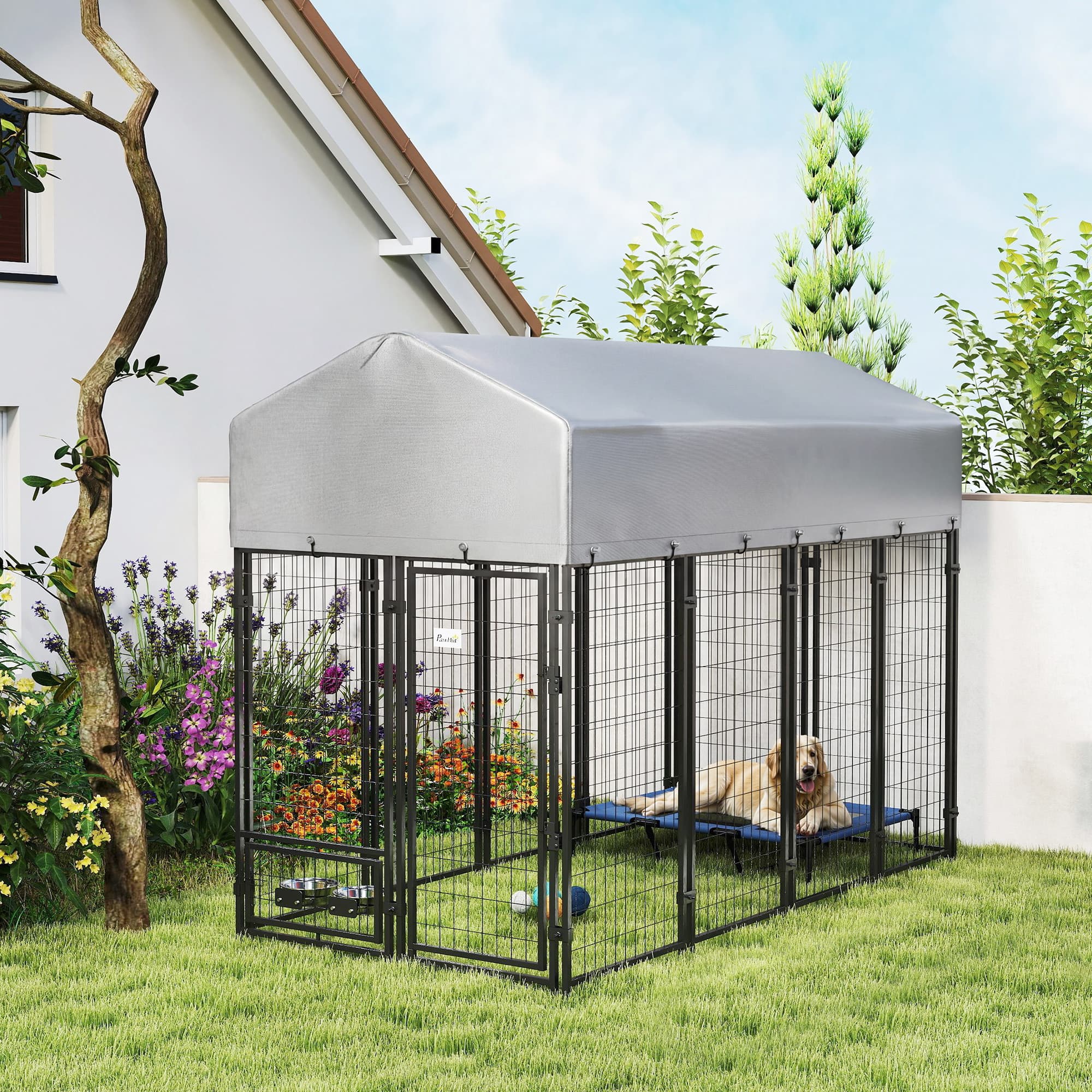 8 x 4 x 6 Outdoor Dog Kennel, Dog Kennel Outside Run with 360° Rotating Bowls, Waterproof & UV Resistant Cover