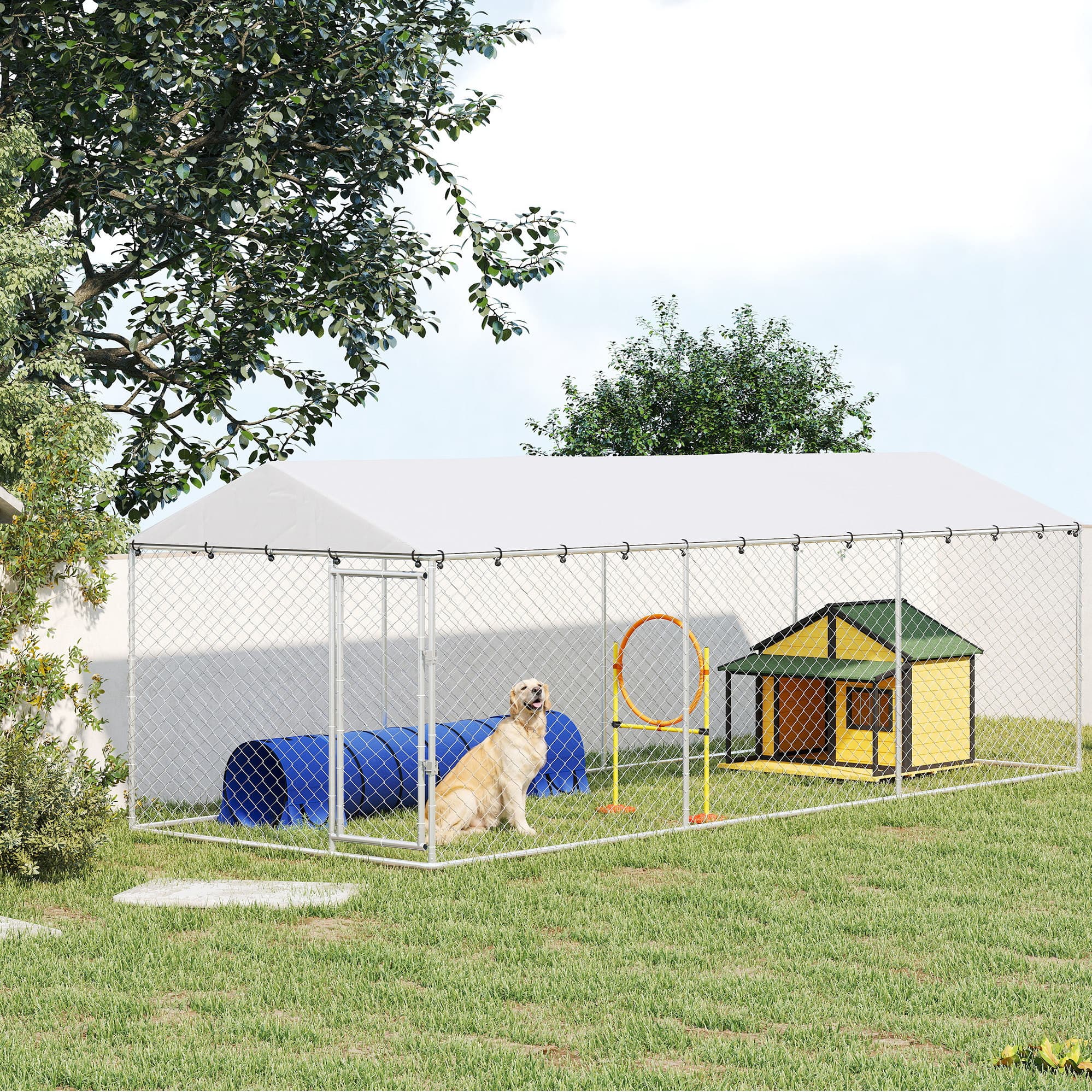 20 x 7.5 x 6.5 Dog Kennel Outdoor for Small Medium Large Dogs with Waterproof Roof, Silver