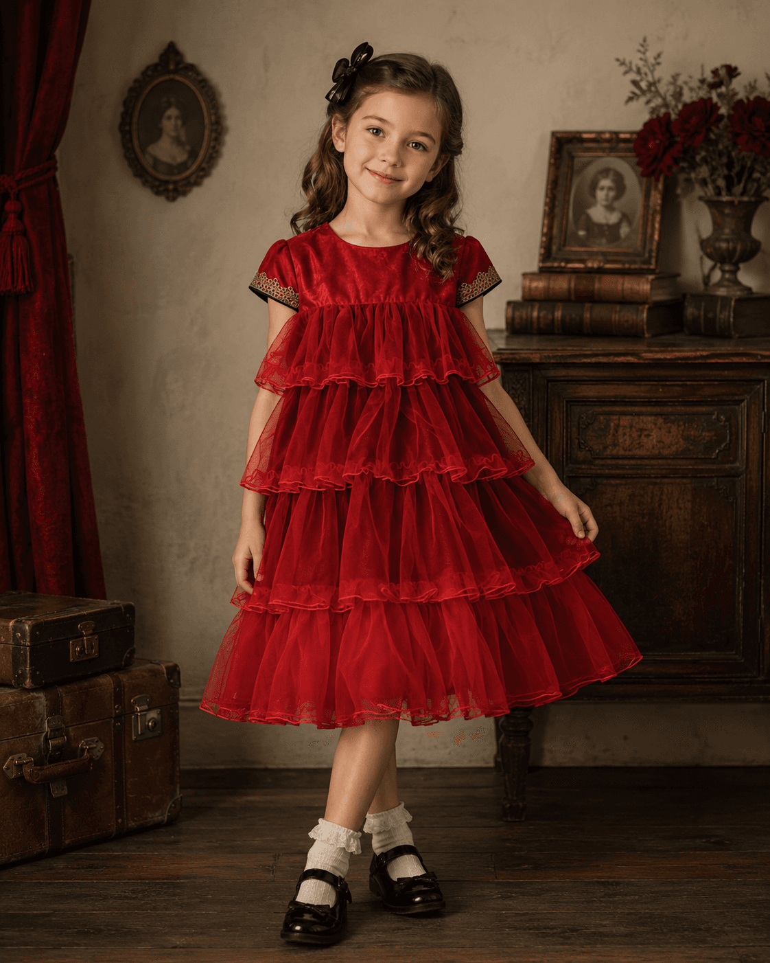 Girls Red Party Dress Tulle Layered Birthday Wedding Princess Dress Age 6-10Y