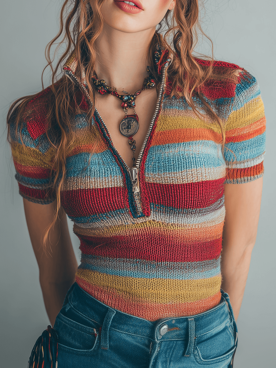 Retro Zipper Collar Colorful Striped Short Sleeve Knitted Blouse