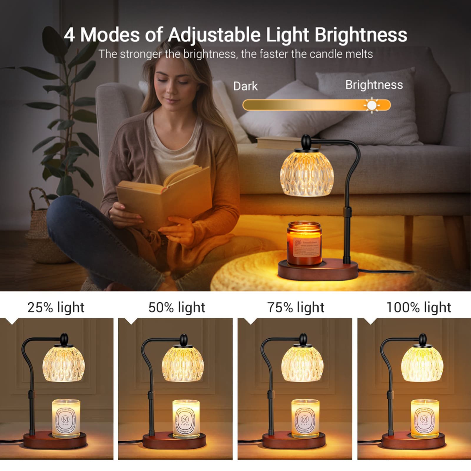 Dimmable Candle Warmer Lamp Scented Candles Wax Melting Lamp Smokeless Candle Essential Oil Melting Lantern With 2H/4H/8H Timer For Small Large Jar Aromatherapy Candle With 2 Light Bulbs