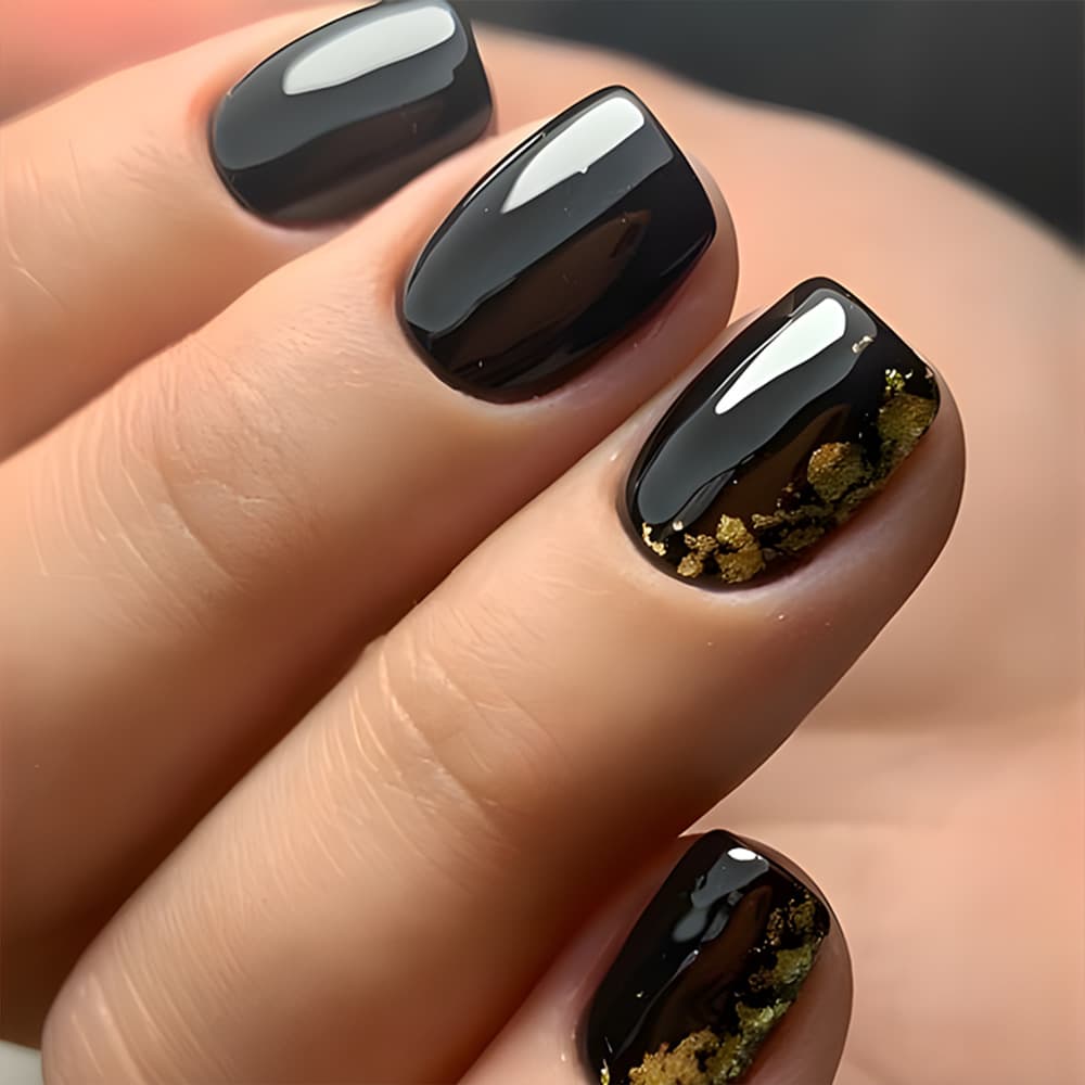 24 Pieces Of Short Square Acrylic Nail Stickers - Black False Nails With Gold Foil And Glitter, Press-on Type, Including 1 Tube Of Gel And 1 Nail File. Nail Supplies.