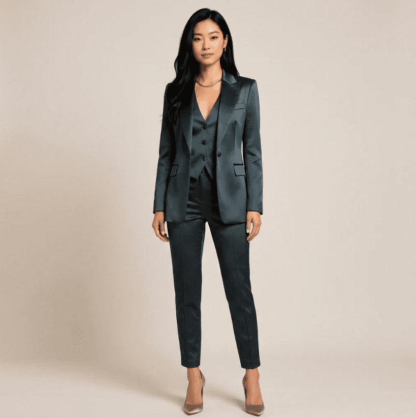 Classic Solid-color Satin Three-piece Set-vest&blazer& Straight-leg Trousers