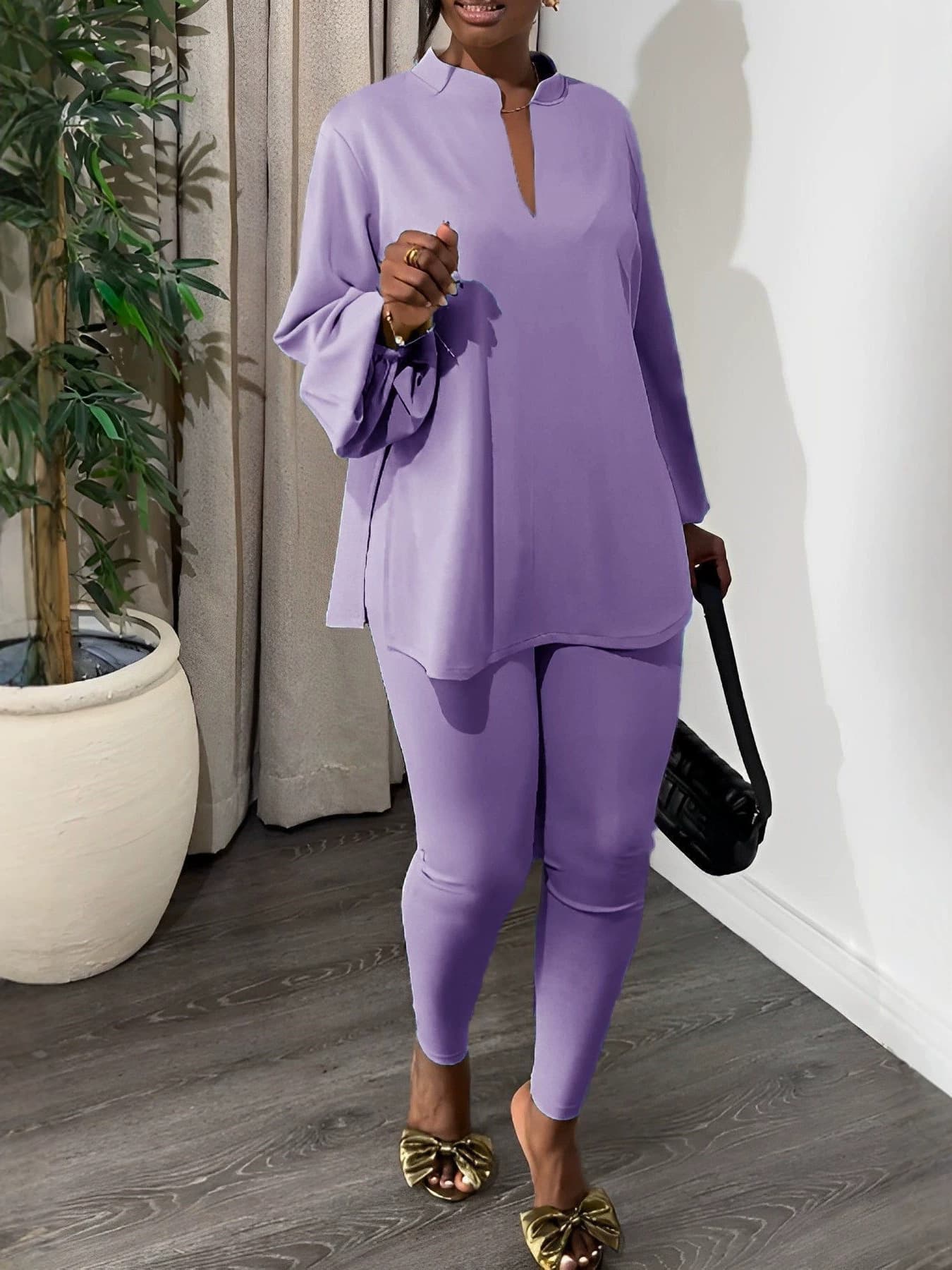 New Solid Color Split V-Neck Top & Skinny Pants Elegant Two-Piece Outfit