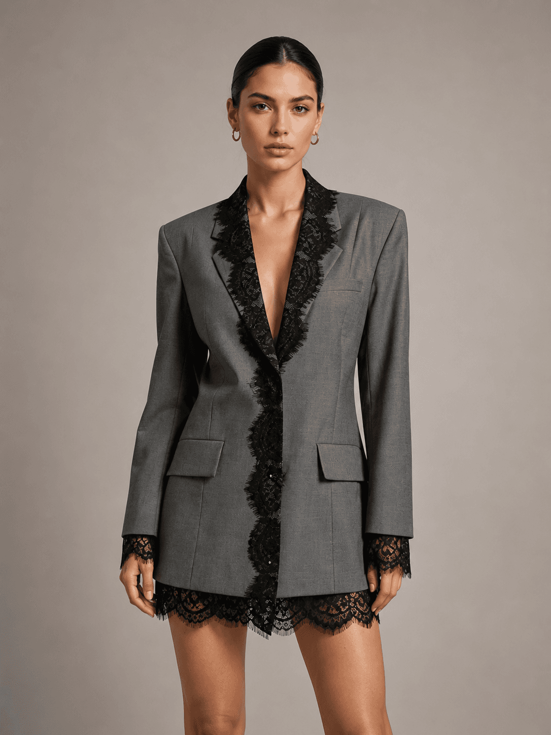 Elegant Grey Blazer Featuring A Lace-paneled Embroidered Lapel