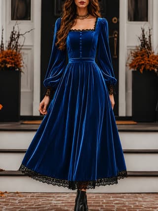 Square Neck Lace Spliced Velvet Dress For Women, New Autumn Winter Evening Gown