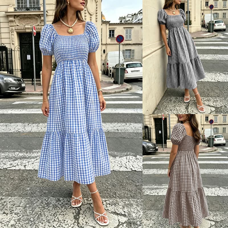 Women's Gingham Puff Sleeve Square Neck Smocked Tiered Maxi Dress - Casual Summer Beach Dress