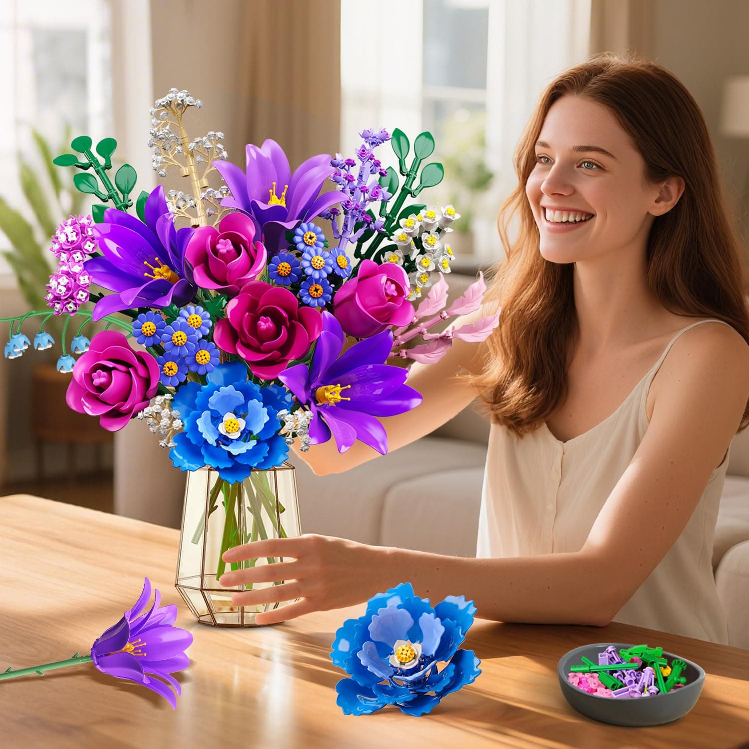 Flowers Bouquet Building Set With LED Light, 21 Flower Botanical Block Toy, Rose Home Plant Decor 1054PCS, For Her Adults Women Mom Kids Girls