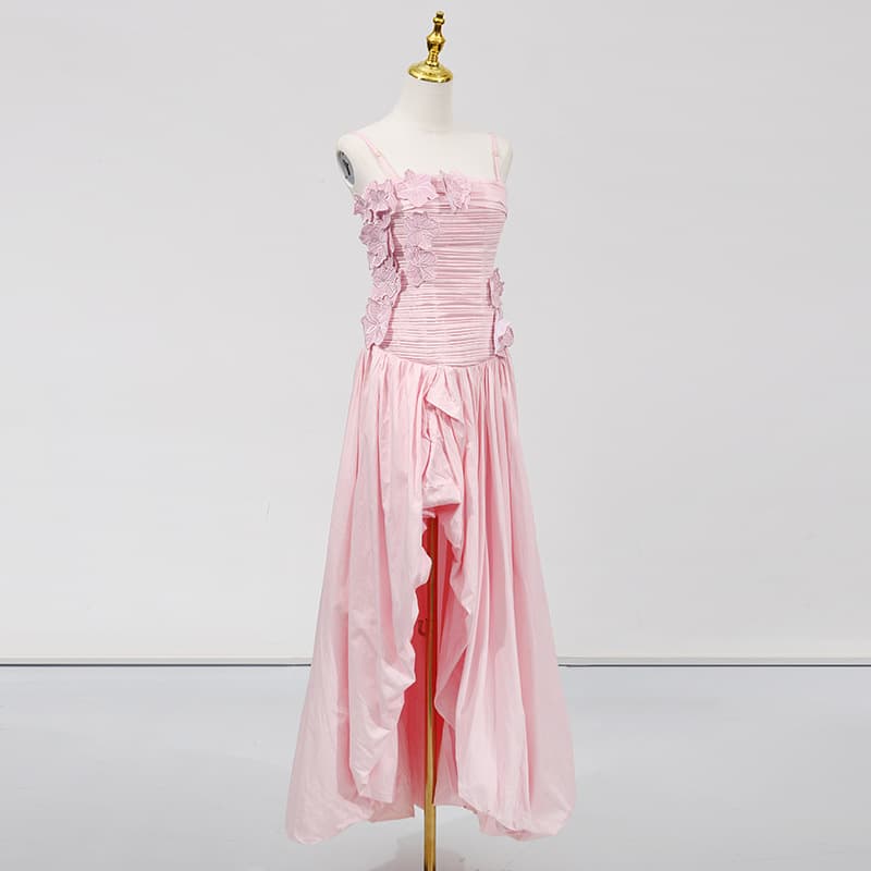3D Floral Ruched Spaghetti Strap High Slit Maxi Dress