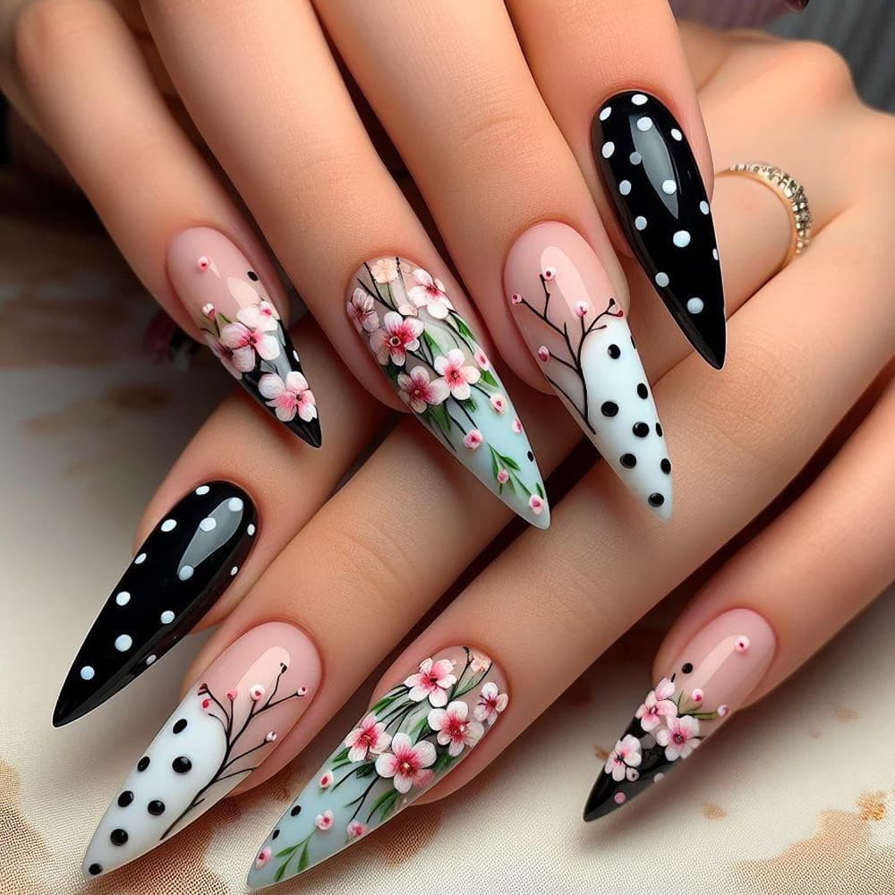 24 Pieces Of Elongated Pointed Acrylic Nail Stickers For Wearing Nails, Country-style Floral French Press Style Nails, Including 1 Piece Of Jelly Glue And 1 Nail File, Nail Set Fake Nails