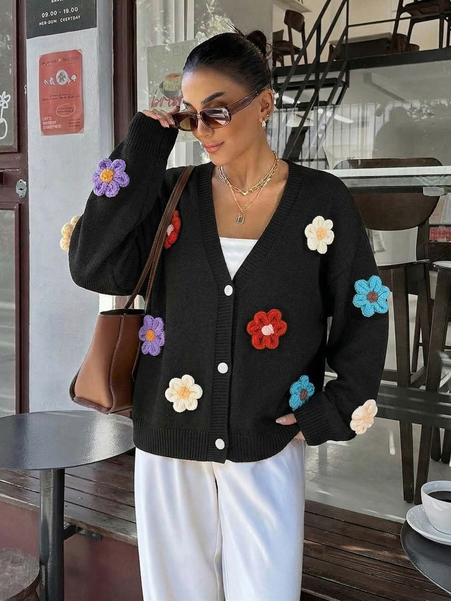 Ladies Colorful Flower Knit Cardigan Loose Long Sleeve Casual Layering Outerwear
