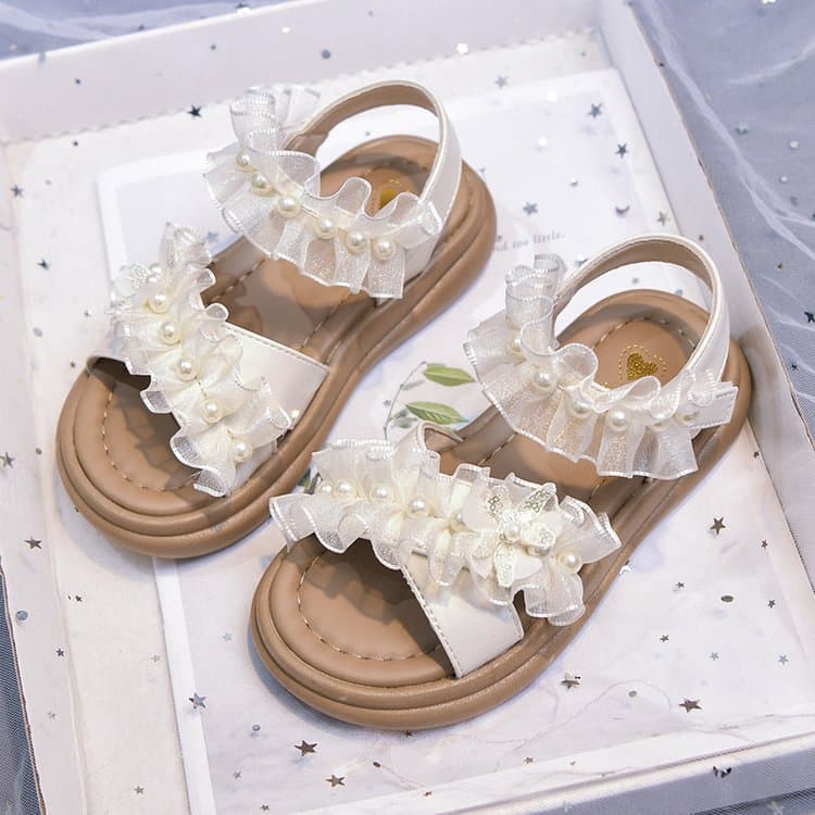 Girls' Trendy Princess Shoes, New Girls' Soft Soled Roman Shoes, Medium And Large Children's Mesh Pearl Beach Shoes