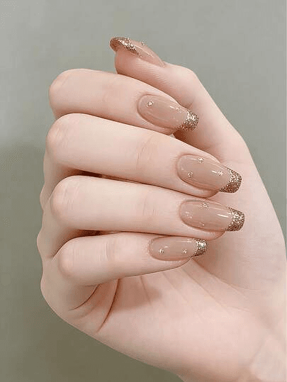 24-piece Long-style Coffin-shaped Glitter Powder French Press-style 3D Gemstone-accented Acrylic Nail Art Stickers Fake Nails, Including 1 Tube Of Gel And 1 Nail File. Wearable Nails