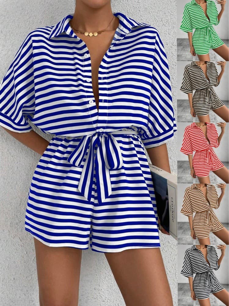Women's Striped Jumpsuit, European & American Style Notched Collar, Button Front, Self Fabric Belt, Short Length