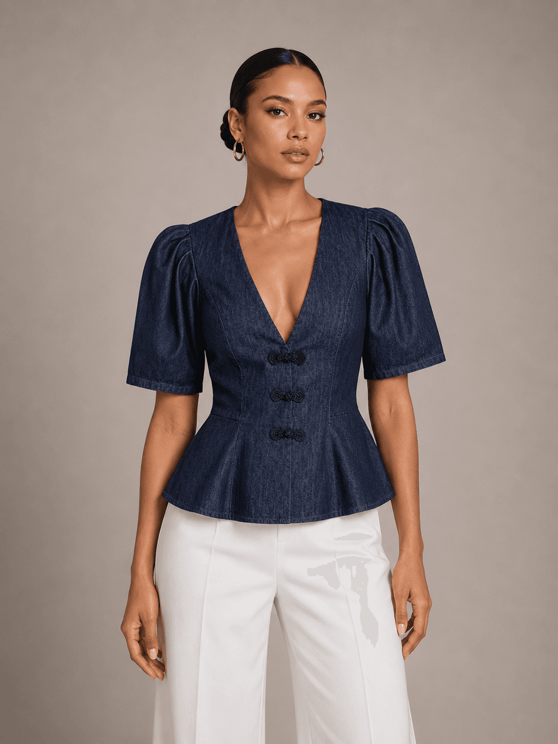 Frog Button Puff Sleeve Peplum V-Neck Blouse