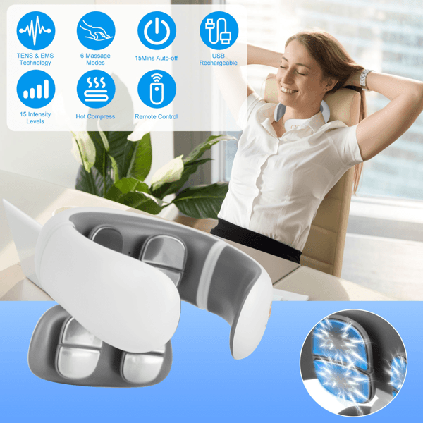 Portable Heated Neck Massager With Remote Control, TENS EMS Technology 8 Massage Heads, 15 Mins Auto Off Electric Pulse Neck Massager Neck Massager With Heat, 6 Modes 20 Intensities