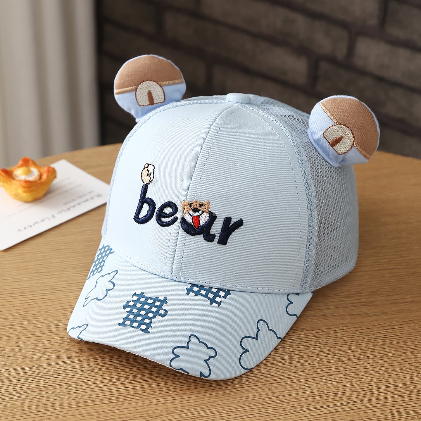 Cartoon Ears Embroidered Bear Children's Cap Made Of Net Fabric, Breathable, Suitable For Both Boys And Girls, For Outdoor Play And Sun Protection.
