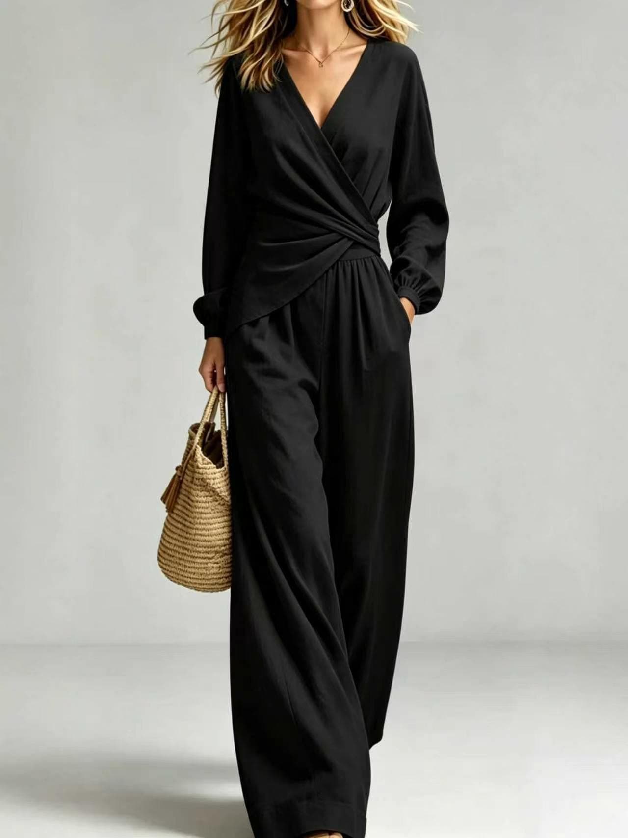 Women's 2-Piece Outfit - V-Neck Long Sleeve Wrap Blouse & Wide Leg Pants Set, Elegant Casual Pocketed Matching Set