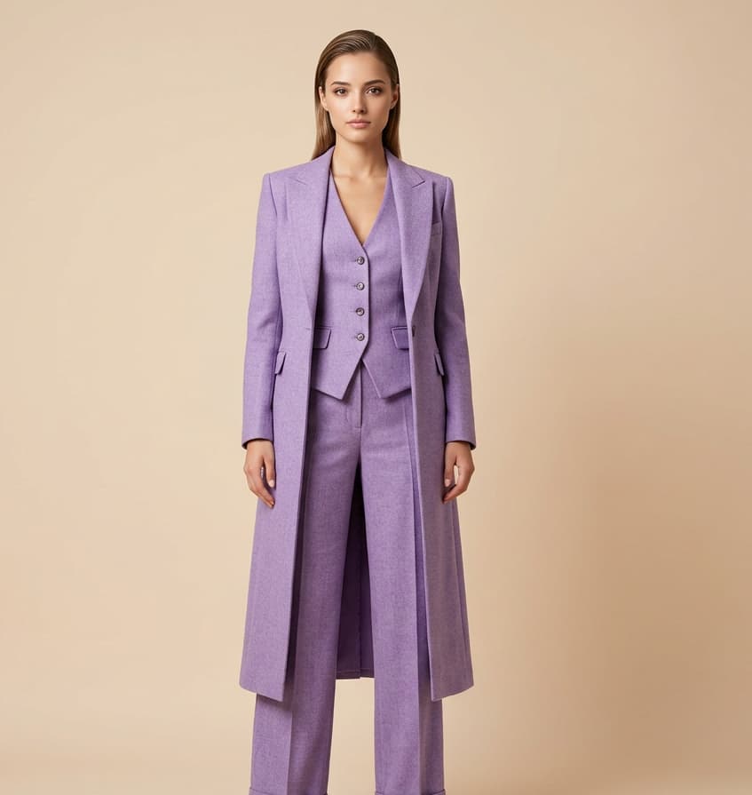 Long Trench Blazer&Single Breasted Waistcoat&High Waist Wide Leg Trousers Three-Piece Suit